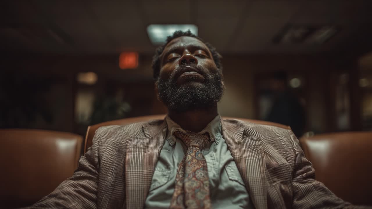 A Moment of Reflection: A Seriously Dressed Man in Quiet Contemplation Within an Office Setting, Captured in Contrasting Light and Texture