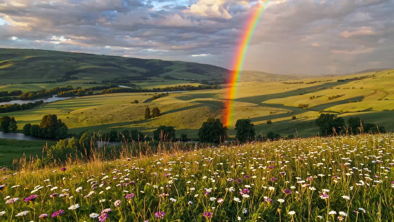 A serene landscape video capturing a vibrant rainbow over rolling hills and wildflowers, shot