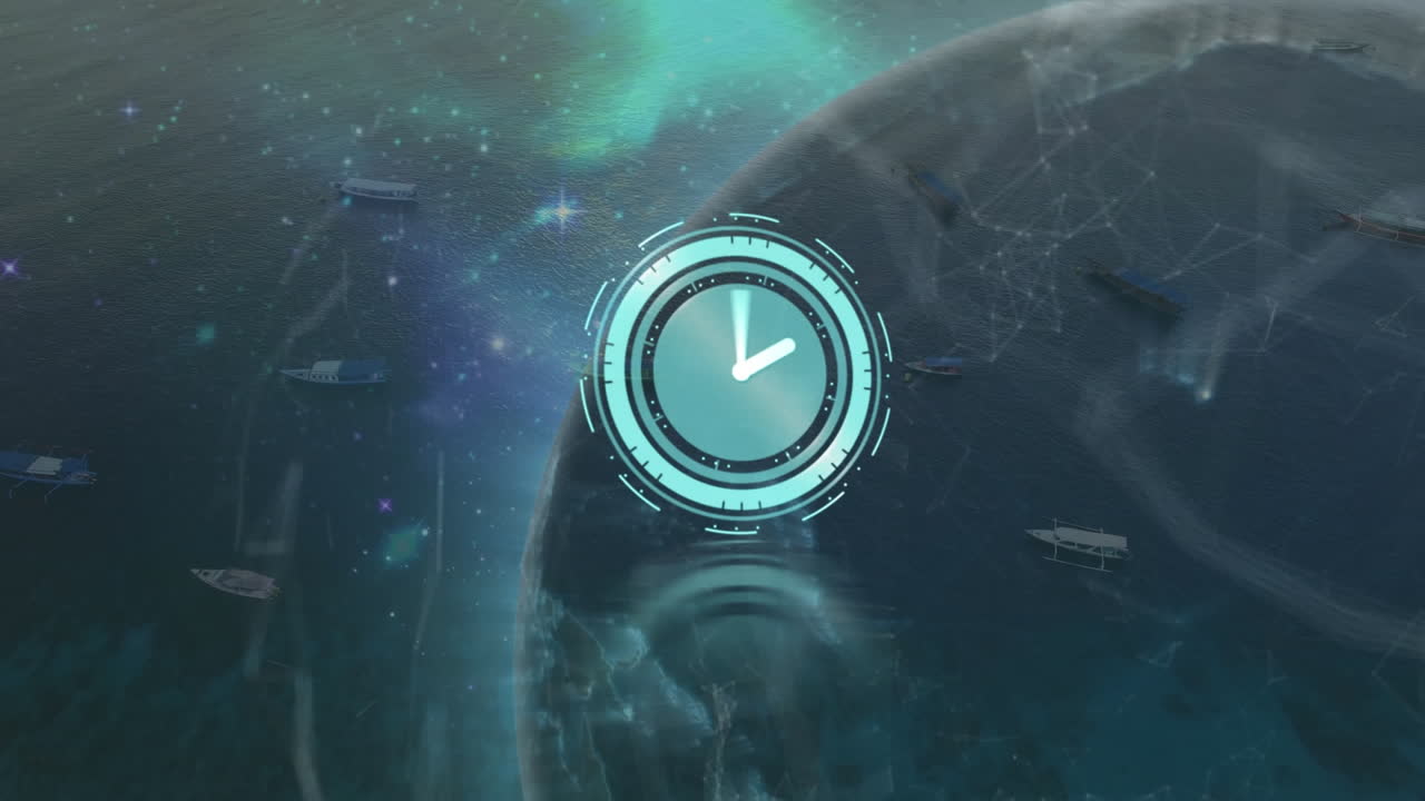 animación de reloj en movimiento y globo sobre el mar