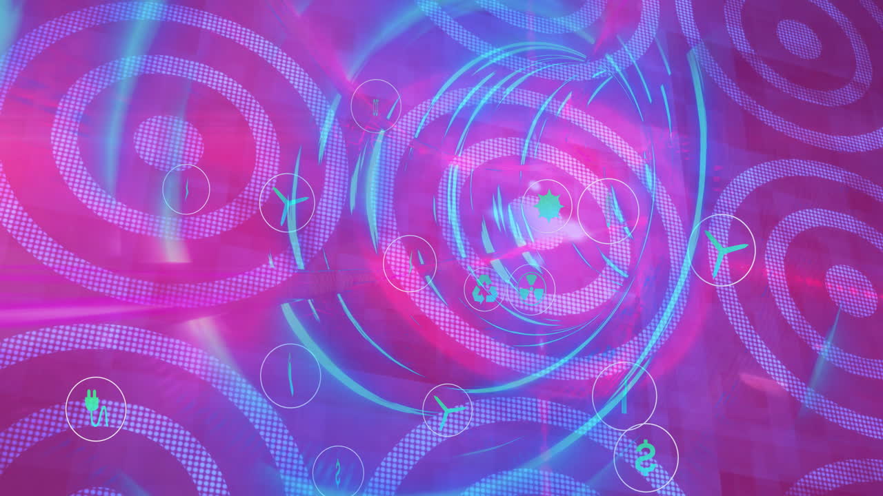 Swirling circles and digital symbols creating colorful abstract animation pattern