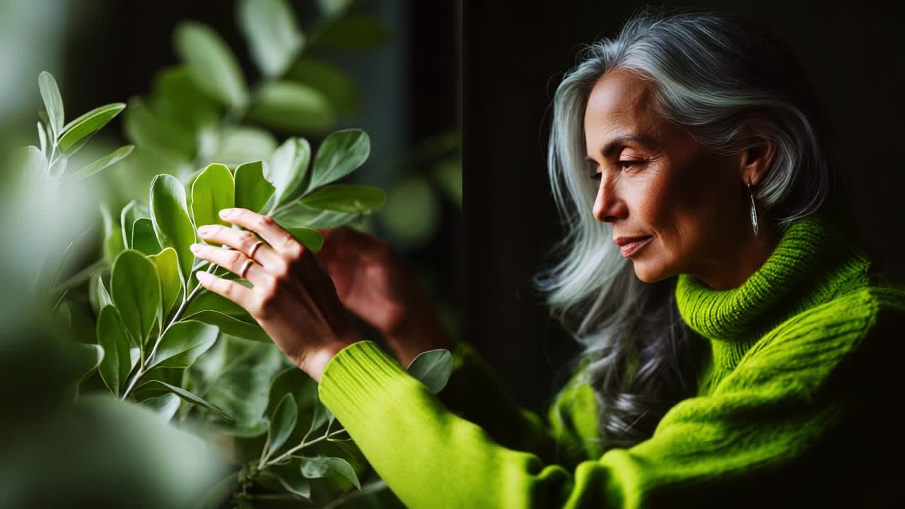 A serene moment captured, showcasing a thoughtful woman with beautiful silver hair gently interacting with lush green leaves in a warm, natural setting filled with tranquility and reflection