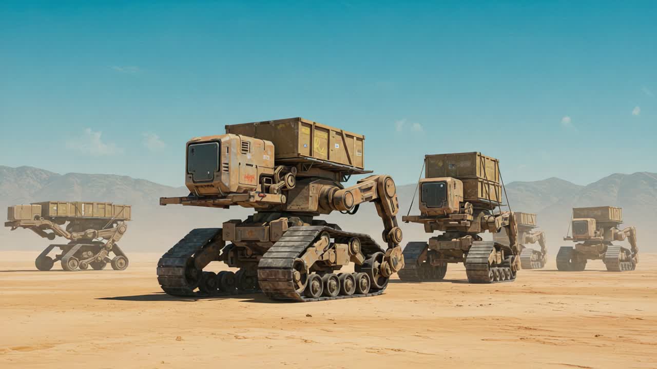 A fleet of advanced robotic vehicles traverses a vast desert landscape, showcasing their innovative design and functionality in a futuristic setting