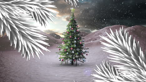 animation of branches and snow falling over decorated christmas tree on winter landscape