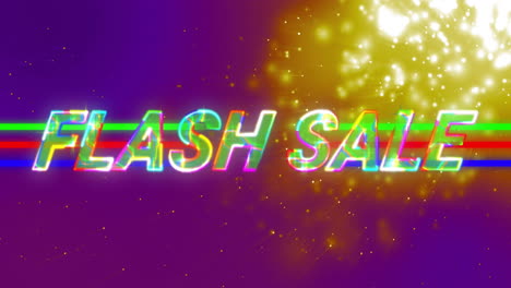 animation of flash sale text with colorful effects and sparkling lights on purple background