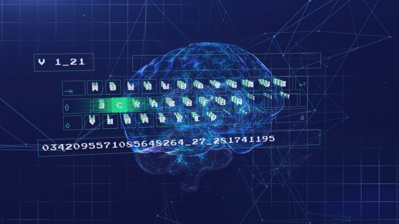 Holo brain receiving spawning tiles left-lobe forming keyboard advancing bar showing digit stream