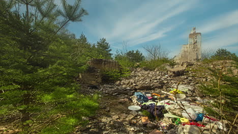 Paisaje-Forestal-Lleno-De-Basura,-Lapso-De-Tiempo-De-Movimiento-De-Fusión