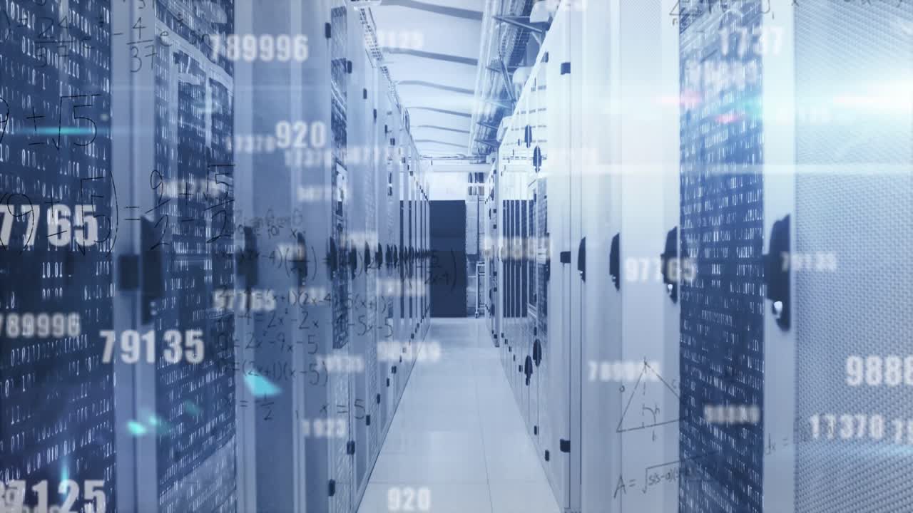 Animation of changing numbers and mathematical equations against mosaic squares over server room