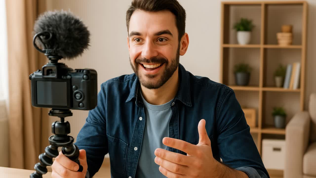 A man records a video using a camera on a tripod. The close-up angle captures his expressive