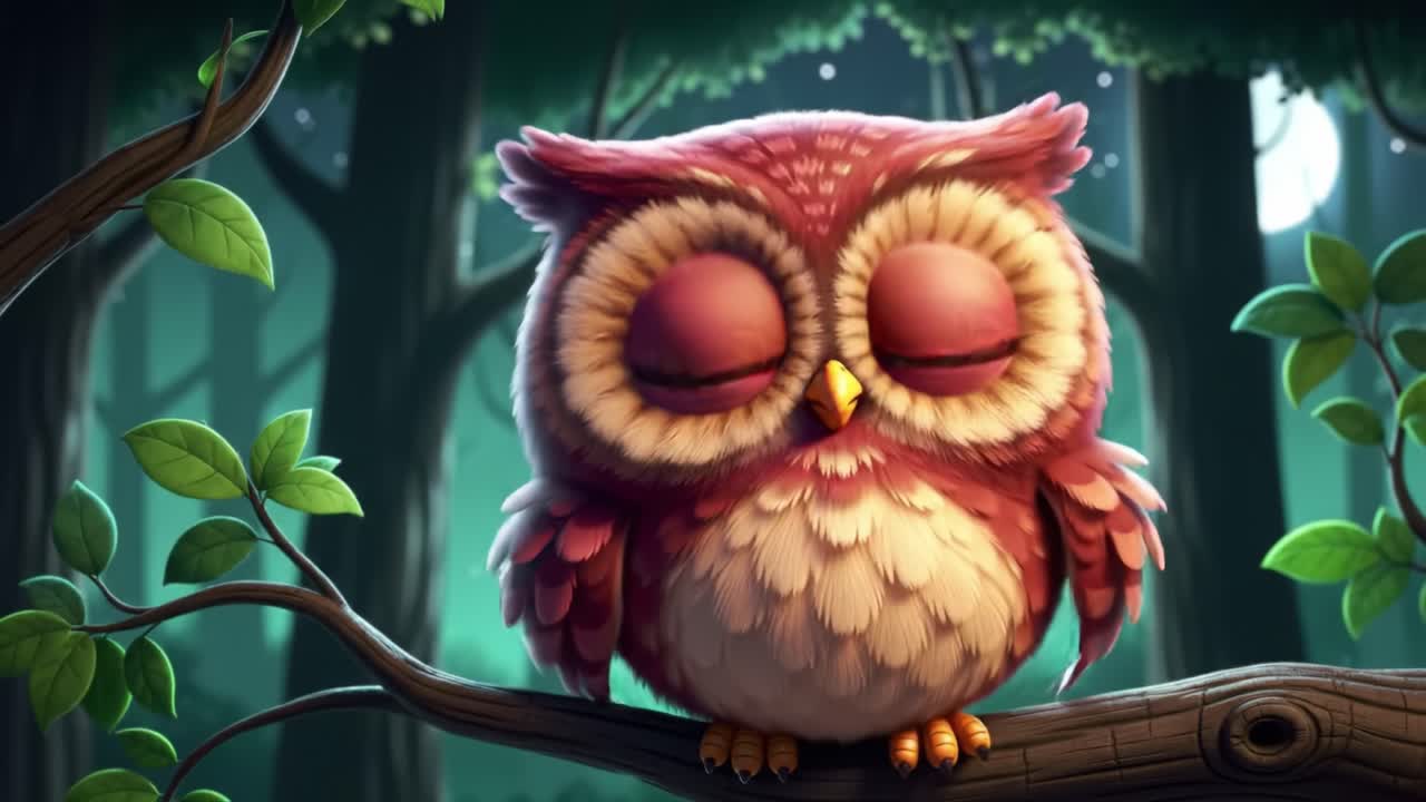 A charming, animated owl perched on a branch in a mystical forest at night, displaying a transformation from sleeping serenity to playful curiosity in two captivating frames.