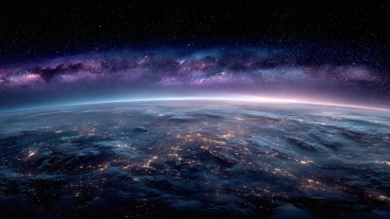 Uma vista deslumbrante da Terra do espaço, mostrando a beleza ilimitada do nosso planeta tendo como pano de fundo estrelas e a galáxia Via Láctea ao longe