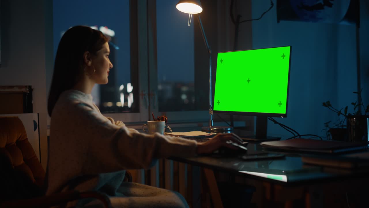 Female Manager Works on a Desktop Computer with Green Screen Chromakey Mock Up in Creative Agency in Dark Loft Office with Stylish Design in the Evening. Over the Shoulder Arc Shot.