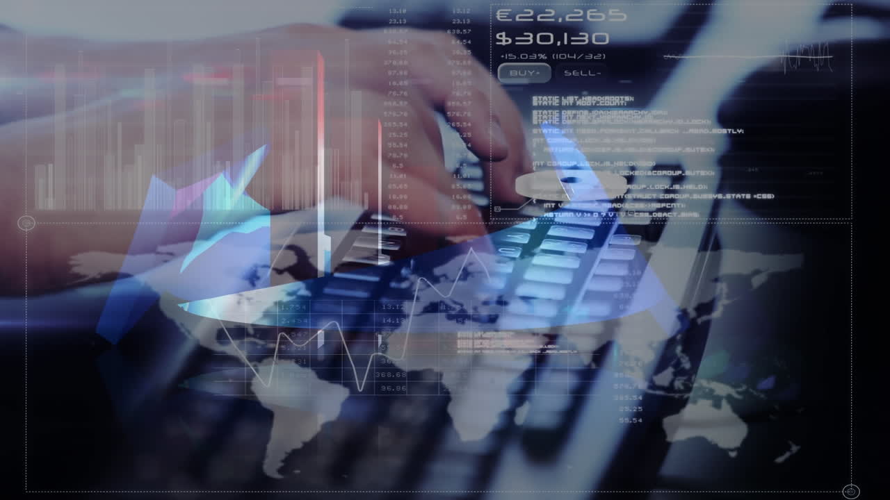 animazione dell'elaborazione di statistiche e dati finanziari su persona che utilizza la tastiera del computer