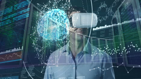 hombre usando vr y apuntando a la pantalla
