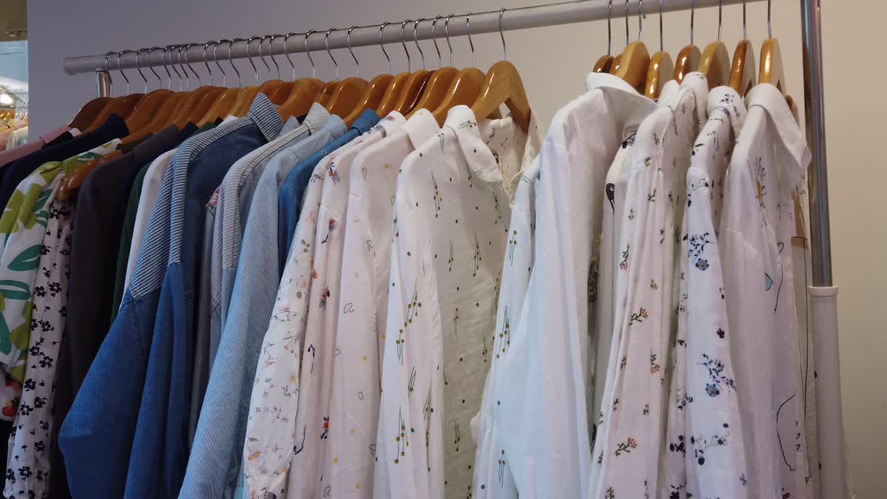 판매를 위한 많은 여성 의류 디스플레이 클로즈업