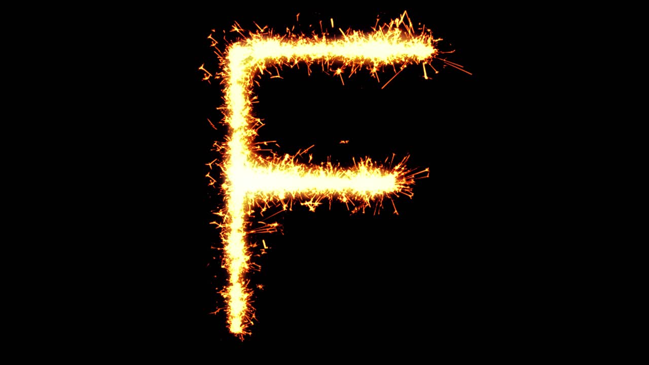 Alphabet f text sparkler writing with glitter sparks particles firework on black 4k loop background