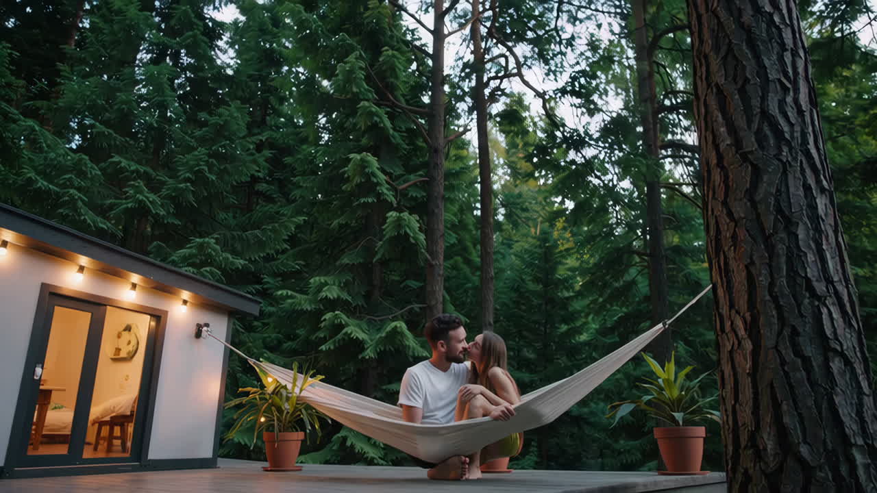 Couple relaxing in a hammock outside a cozy cabin in the forest
