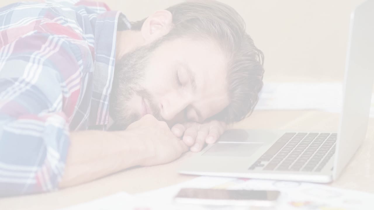 노트북 에서 잠을 자는 백인 남자의 애니메이션