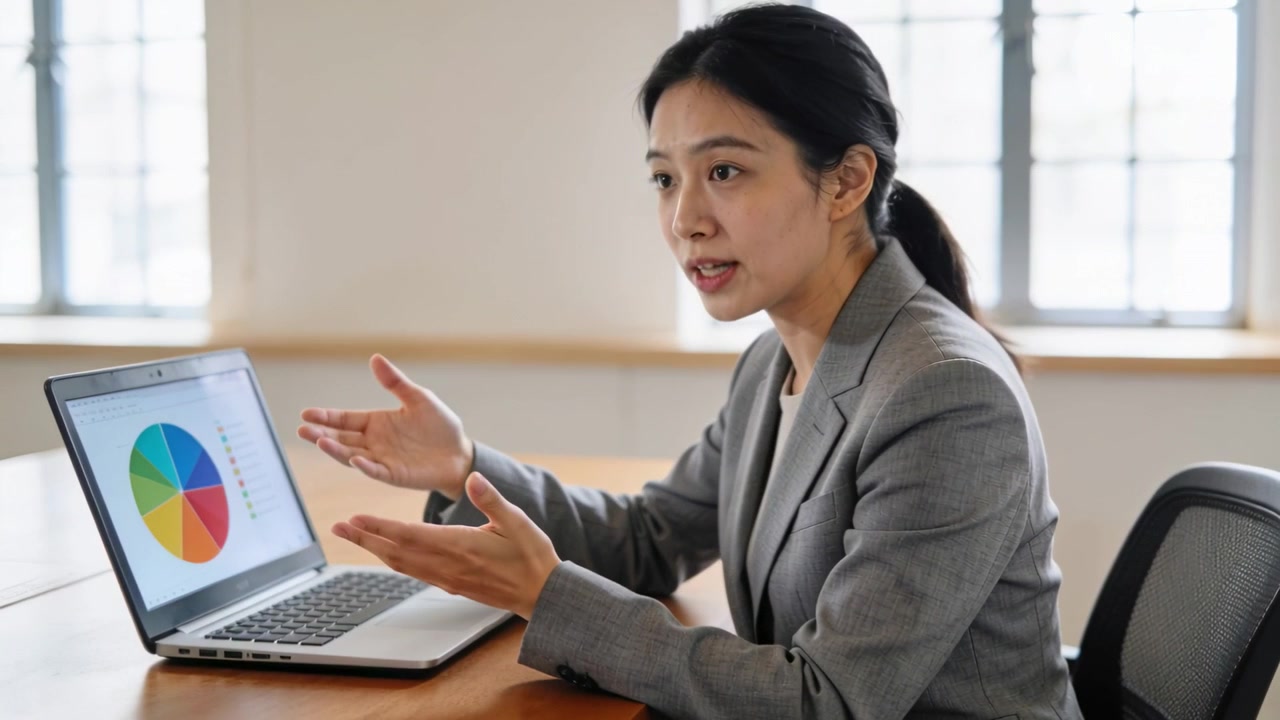 Presenting Asian woman in gray blazer explaining pie chart, laptop sparking discussion in meeting