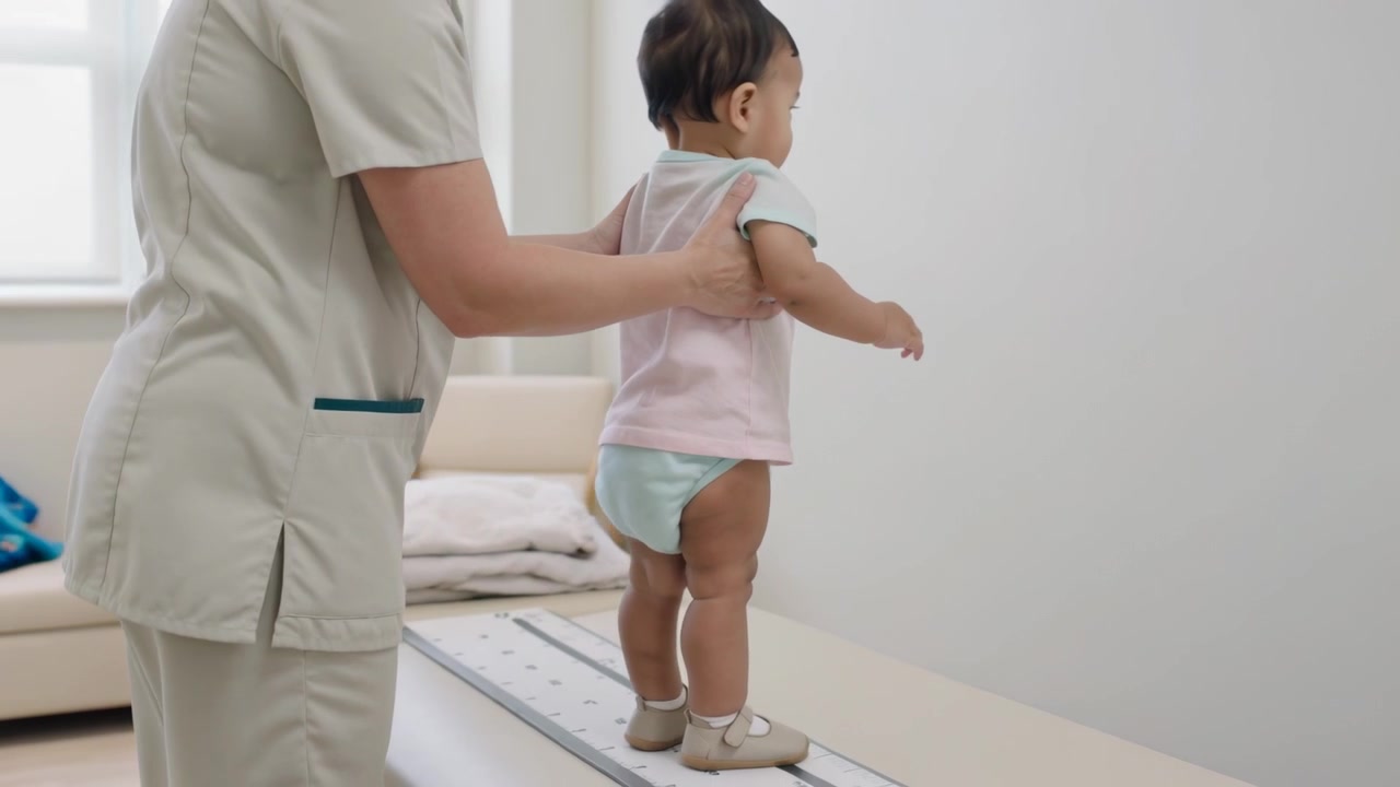 Approaching left, caregiver in scrubs placing toddler on ruler-board for measuring, steadying torso