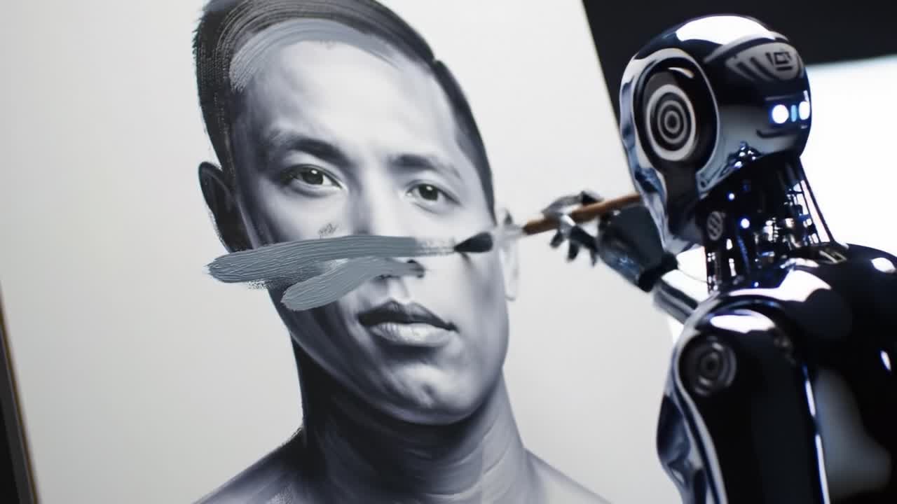 In a cutting-edge studio, a robot artist skillfully creates a detailed portrait of a human model using a brush. The scene showcases advanced technology and artistry merging seamlessly.