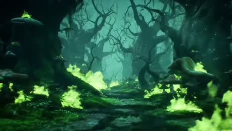 a mysterious enchanted forest filled with glowing mushrooms and ethereal flames, creating an otherworldly atmosphere of magic and intrigue