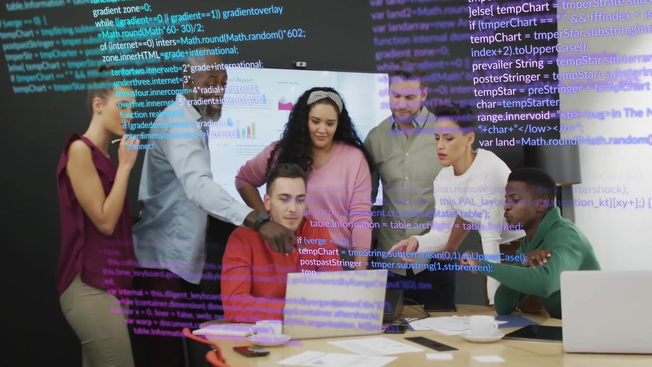 Seated man typing laptop, team leaning in reviewing code while chart and code overlaying foreground