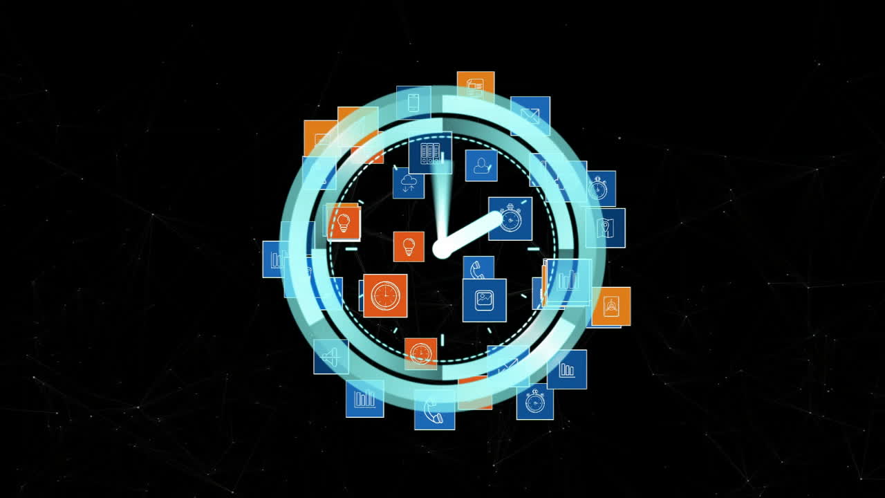 Animation of clock moving fast over globe and network of connections