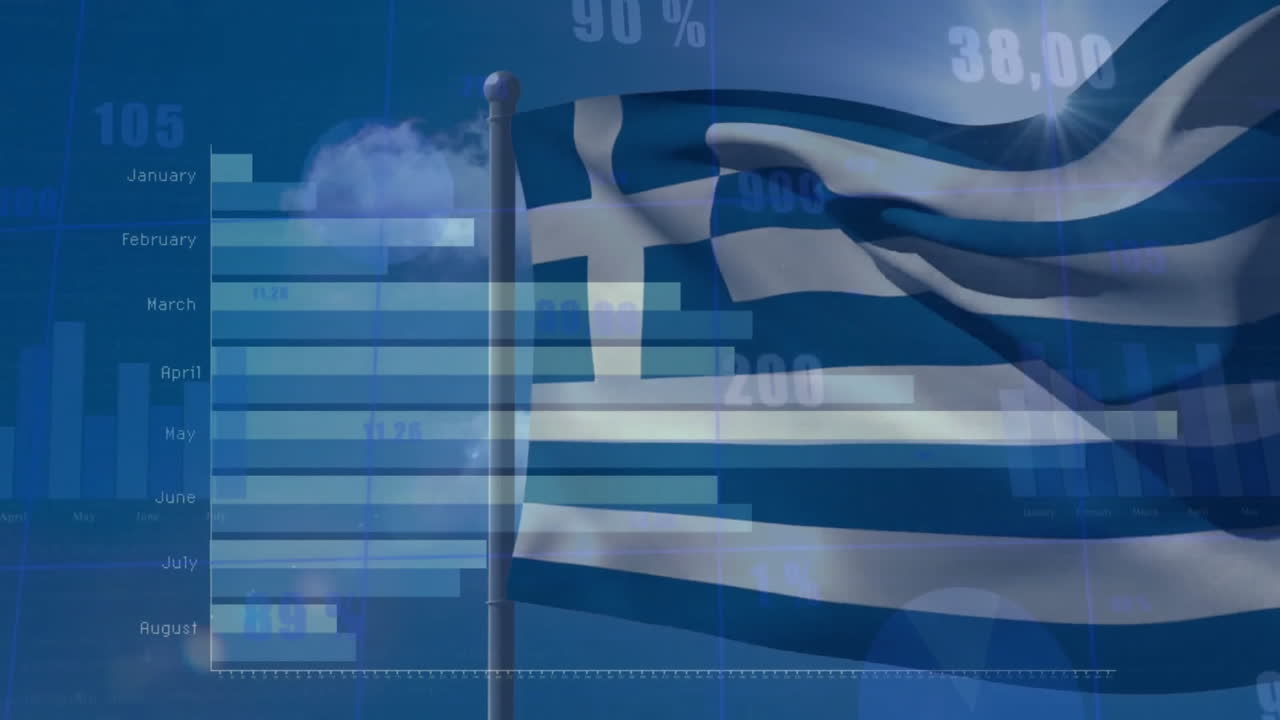 Animazione di elaborazione di dati finanziari su bandiera della Grecia