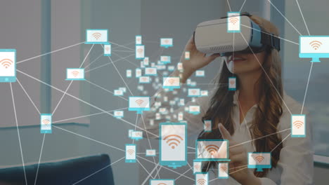 animación de la red de conexiones a través de una mujer de negocios caucásica usando auriculares vr