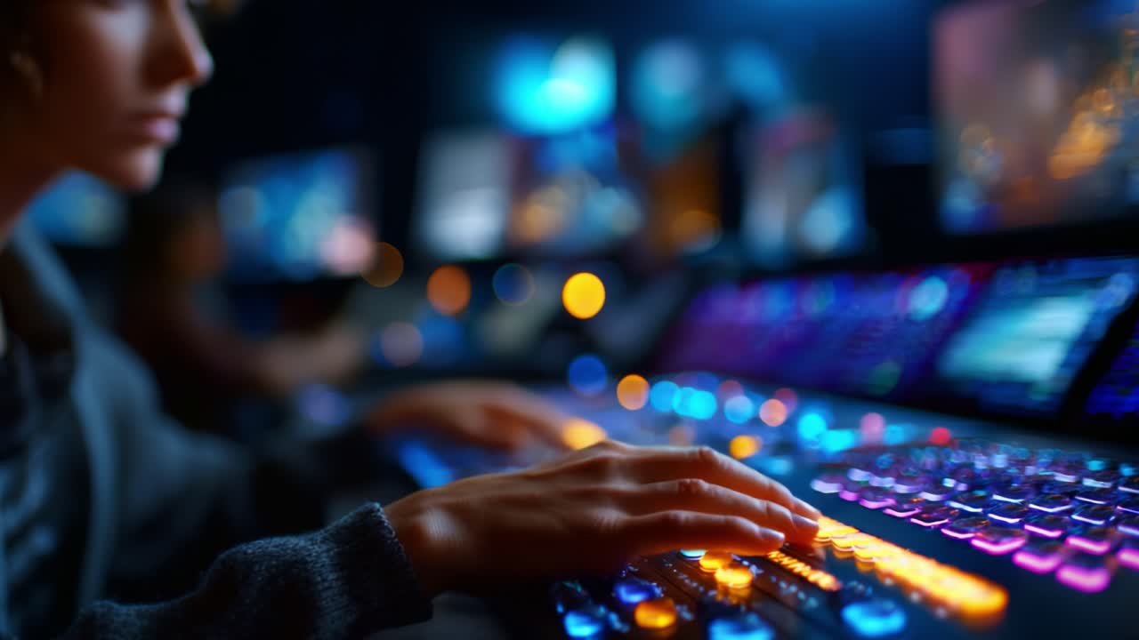 A close-up of a technician's hands skillfully manipulating a vibrant control panel filled with colorful buttons and screens, environment bustling with technology