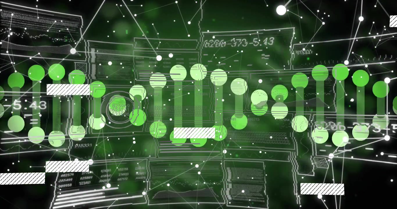 Upon grid appearing, panels sliding in while green nodes clustering into DNA helix visualizing data