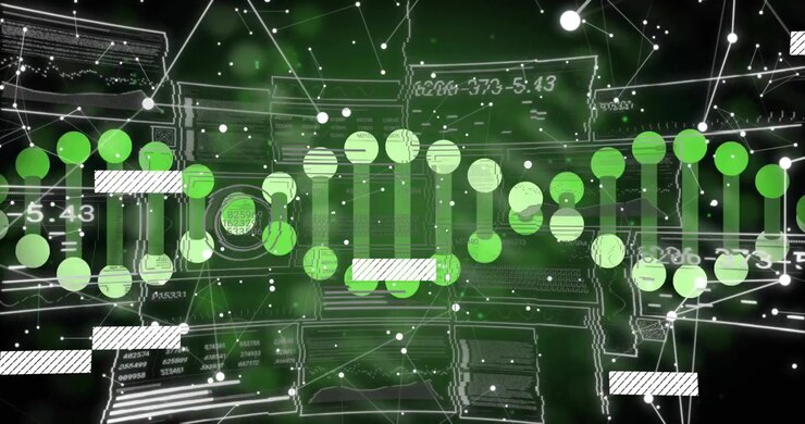 Upon grid appearing, panels sliding in while green nodes clustering into DNA helix visualizing data