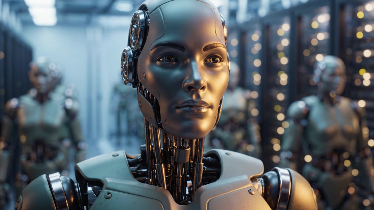 A Close-Up of an Advanced Humanoid Robot in a Data Center Surrounded by Similar Machines, Showcasing Futuristic Technology and AI Innovation