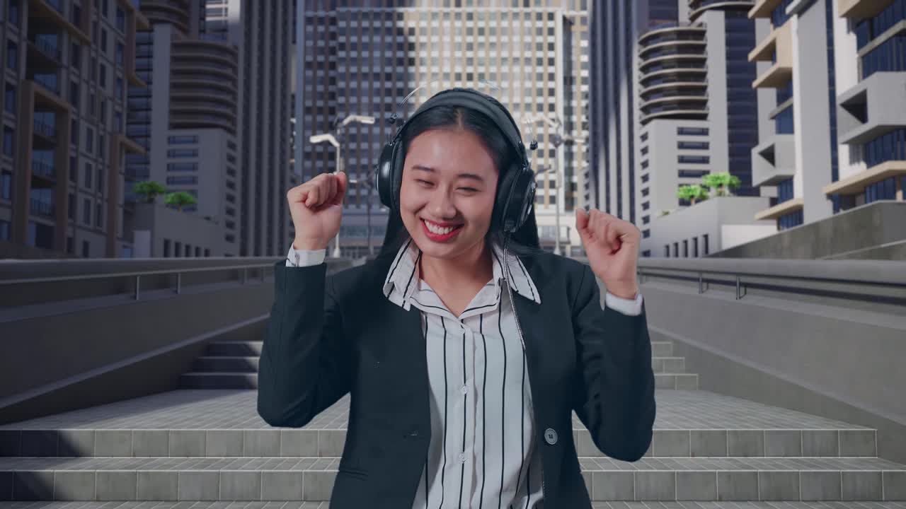 아시아 사업가 여성이 헤드폰으로 음악을 듣고 도시에서 춤을 추고 있습니다.