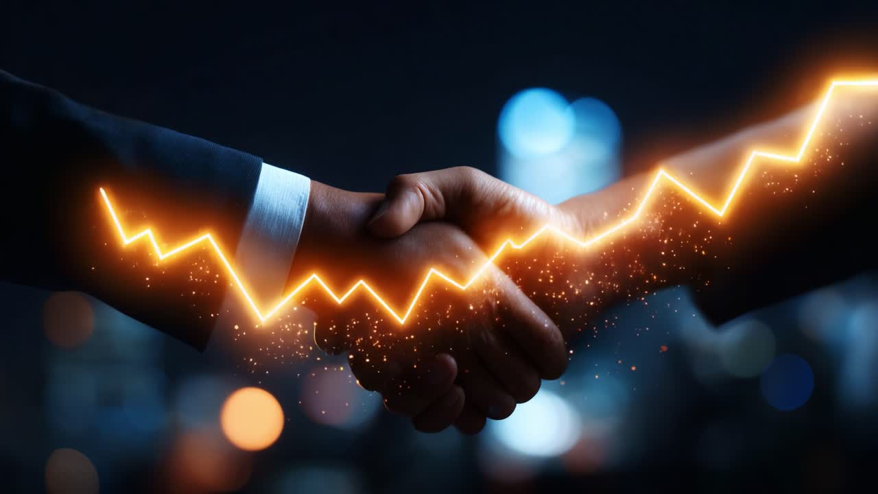 A dynamic representation of partnership and collaboration, featuring two hands engaging in a handshake against a cityscape backdrop, symbolizing growth and mutual success through energy and connection