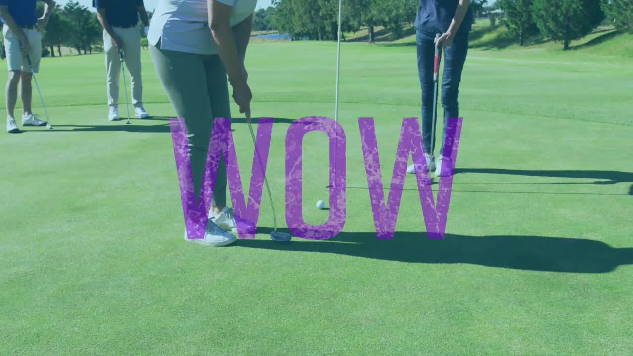 Woman lining up putt on golf green, showing animated shot path and sports analytics icons