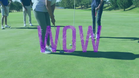 woman lining up putt on golf green, showing animated shot path and sports analytics icons