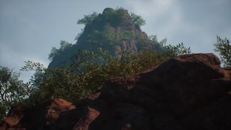 un entorno rocoso de la jungla con árboles y arbustos, animación 3d, escena animada, cámara dolly up