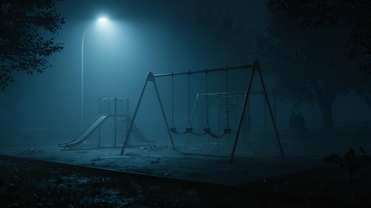 En fredfyldt, men uhyggelig nat på en forladt legeplads, hvor skygger danser og stilhed hersker under måneskinnet, oplyst af en enkelt gadelampes skær.