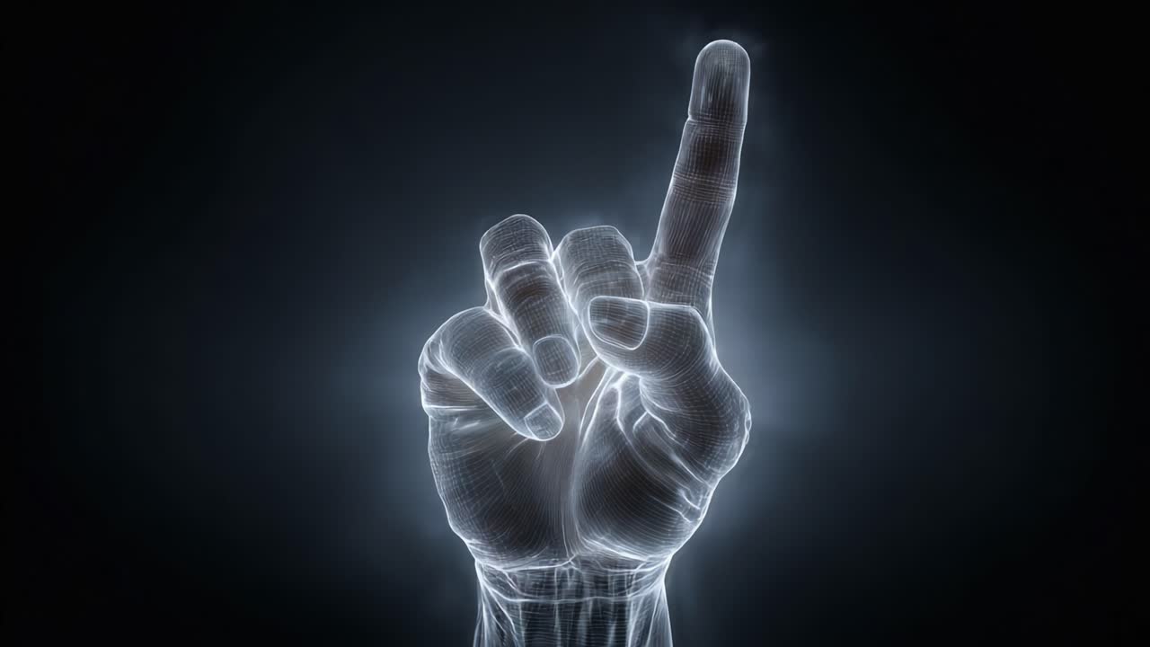 Un gesto della mano luminoso, reso digitalmente, che simboleggia ordine e importanza, catturato in due fotogrammi su sfondo scuro.