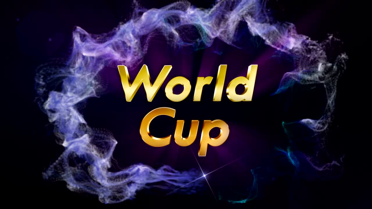 animación de texto de la copa del mundo y partículas anillo, renderización, fondo, bucle