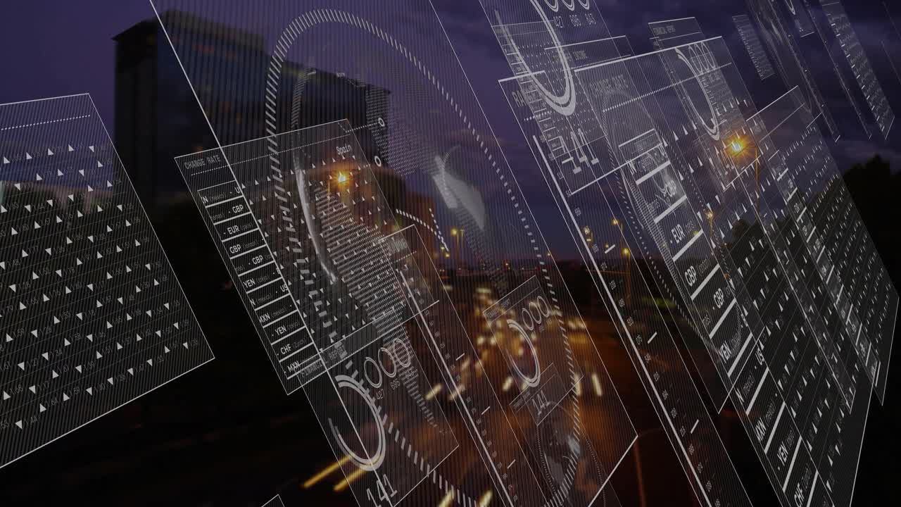 Light streaks starting panels sliding on highway showing currency, rotating gauges mapping market