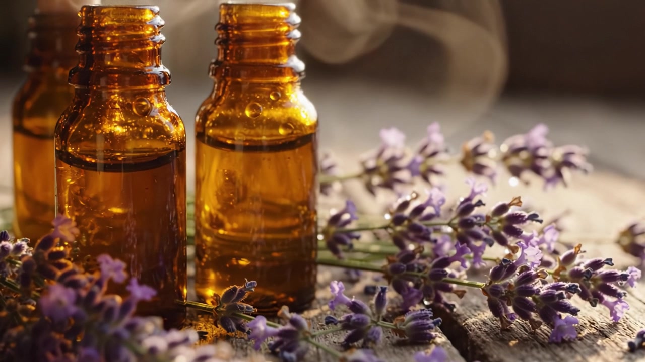 Fængslende lavendelessens: Et nærbillede af aromaterapiflasker omgivet af friske lavendelblomster, der fremkalder ro og sindsro i naturlige omgivelser.