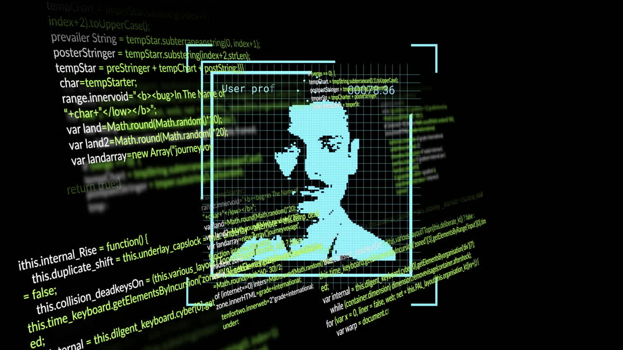 Animation of digital face recognition overlaying scrolling computer code in school setting