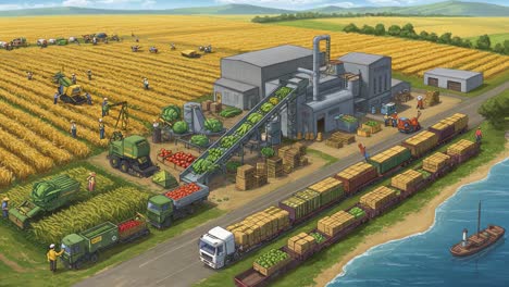 a vibrant agricultural hub: harvesting, processing, and transporting fresh produce and crops in a bustling farm setting