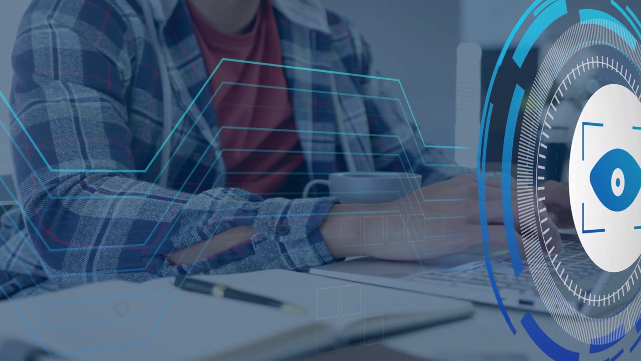 Man typing on laptop, eye HUD popping from right animating circuits sweeping desk, visualizing tech