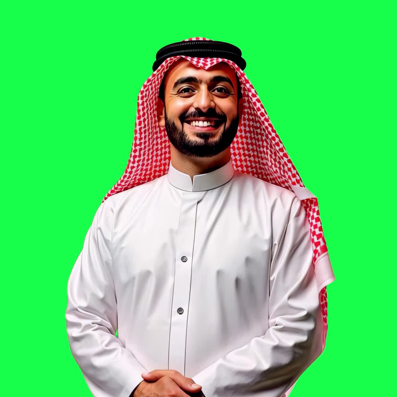 Smiling man in traditional attire animation, transparent 4K video, green screen