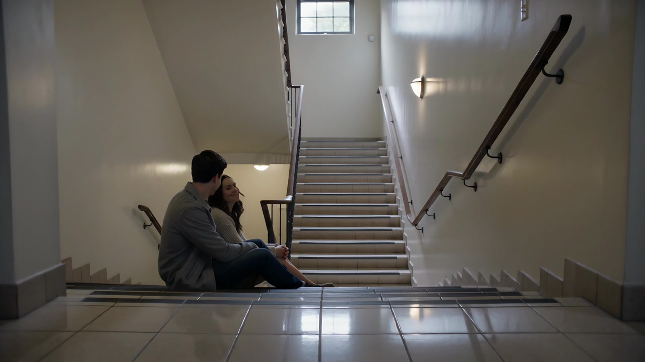 Starting man speaking gesturing on stairs landing woman turning smiling bonding, jeans, copy space