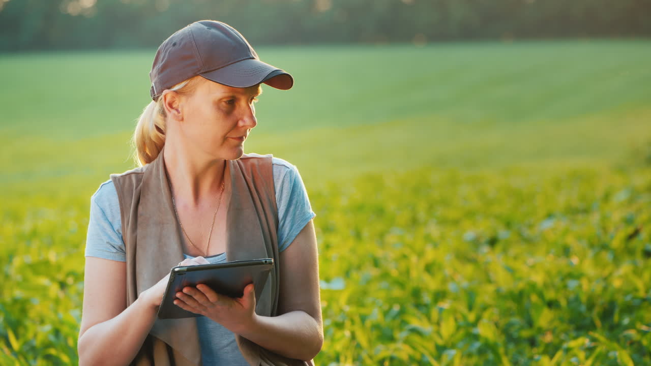 un agricultor trabaja en un campo de maíz joven usa una vista lateral de tableta