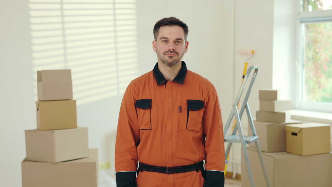 Smiling Worker in Orange Jumpsuit in a Room with Boxes